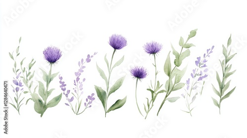 Exploring the beauty of deep purple thistles and lush green foliage in a watercolor botanical illustration