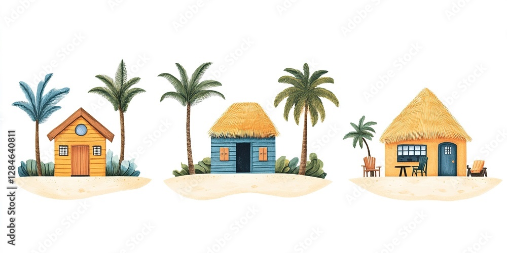 Colorful beach houses surrounded by tropical palm trees in a serene island setting Colorful beach houses surrounded by tropical palm trees in a serene island setting