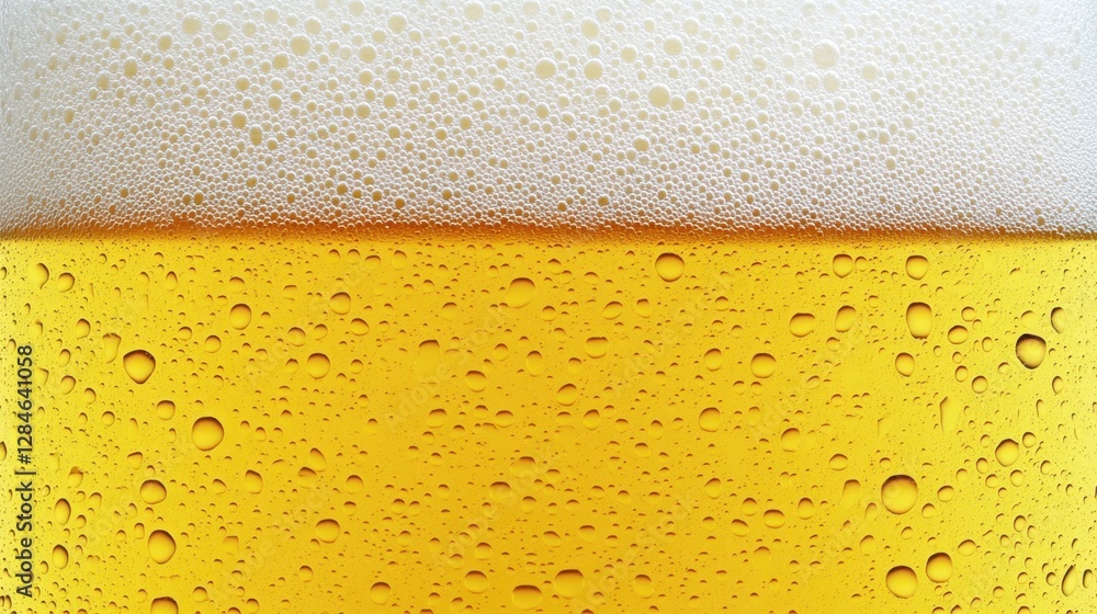 A close-up of a glass of beer with a foamy head and bubbles rising through the golden liquid A close-up of a glass of beer with a foamy head and bubbles rising through the golden liquid