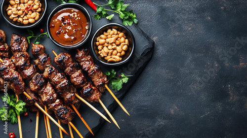 Indonesian satay grilled meat skewers with peanut sauce served on a plate, showcasing flavourful marinated meat and rich, creamy dipping sauce.







 photo