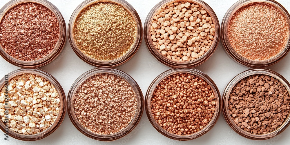 Colorful mineral powders arranged neatly in jars on a light background showcasing different textures and shades Colorful mineral powders arranged neatly in jars on a light background showcasing different textures and shades