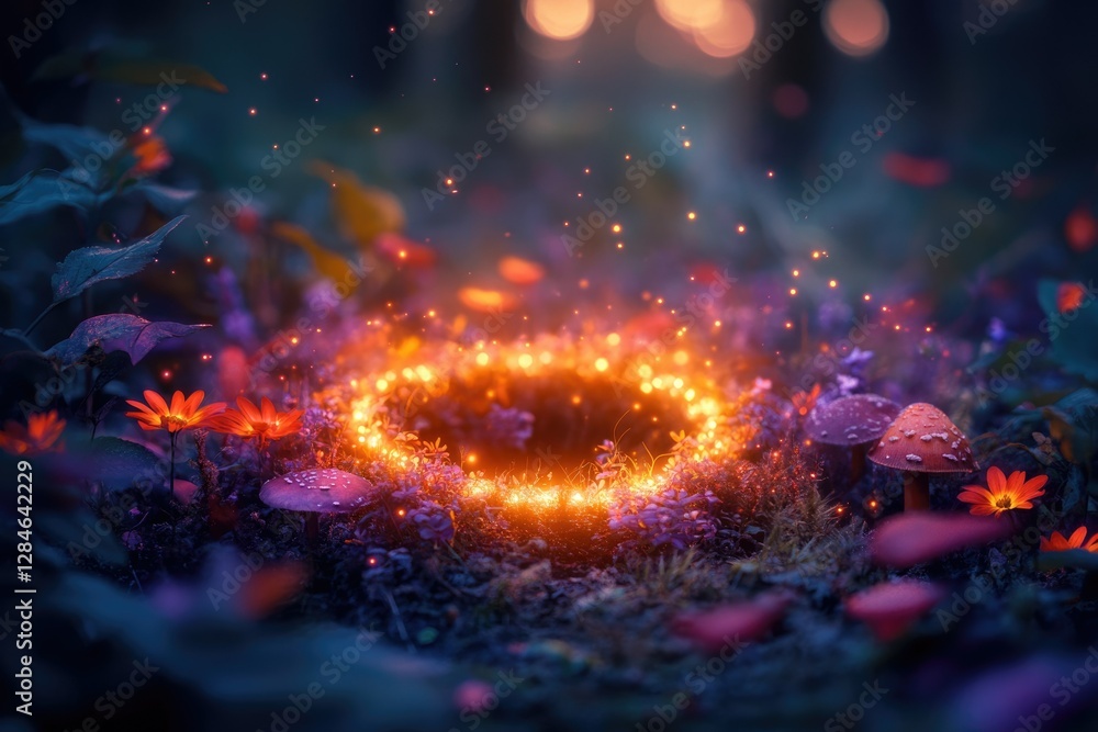 Enchanted forest scene with glowing ring, mushrooms, and orange flowers, magical fantasy. Enchanted forest scene with glowing ring, mushrooms, and orange flowers, magical fantasy.