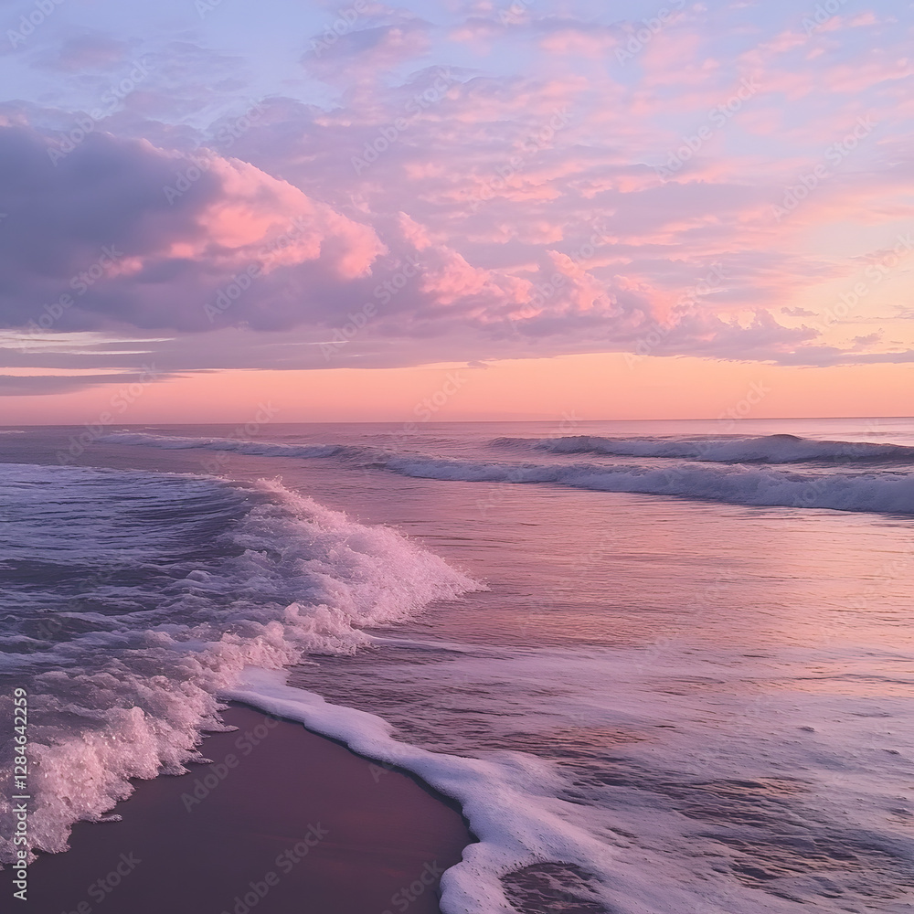 Fototapeta premium A breathtaking beach at sunrise with gentle waves and a pink-hued sky.