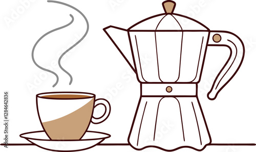 Coffee Lover’s Line Drawing. Espresso Cup and Moka Pot Vector