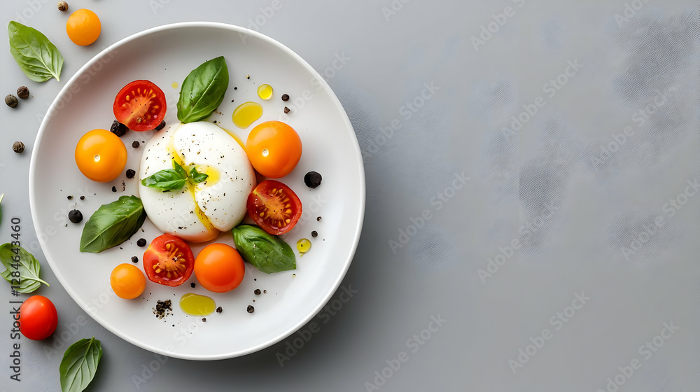 Fresh Caprese Salad with Burrata Cheese on a White Plate Fresh Caprese Salad with Burrata Cheese on a White Plate