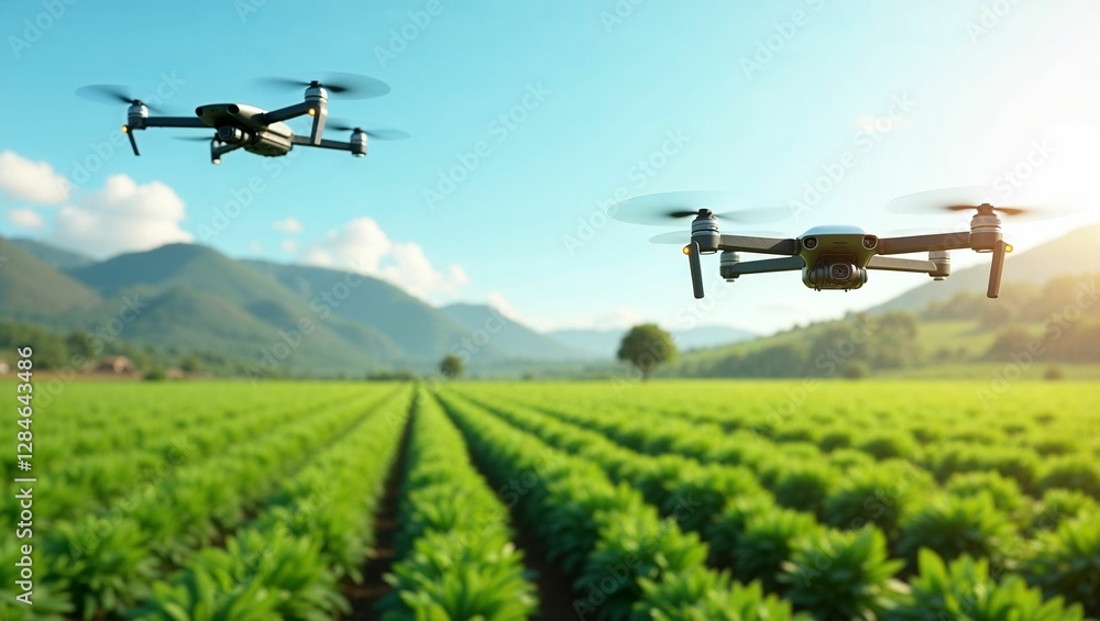 Drones over a lush green agricultural field. Drones over a lush green agricultural field.