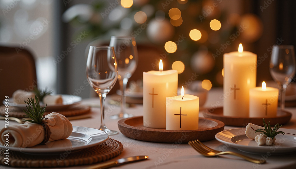 Elegant Candlelit Christmas Dinner with Religious Symbolism Elegant Candlelit Christmas Dinner with Religious Symbolism