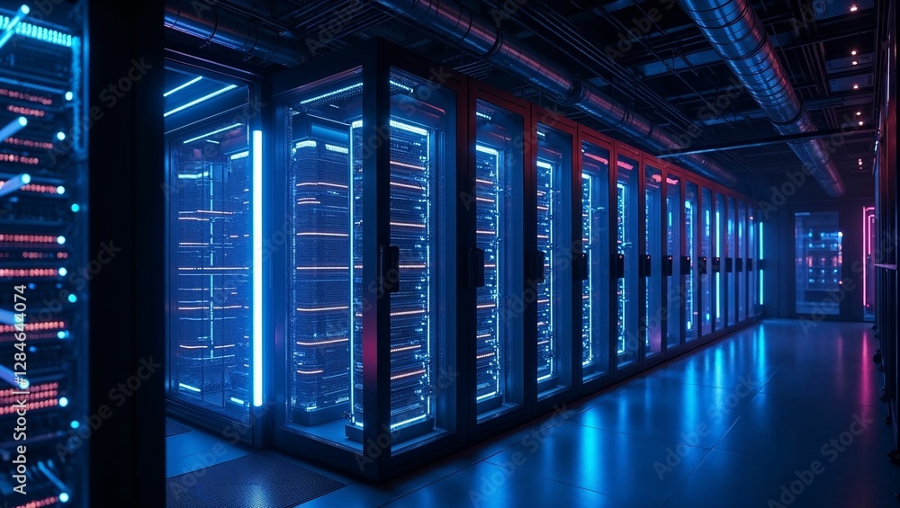 Modern Data Center with Illuminated Server Racks Modern Data Center with Illuminated Server Racks