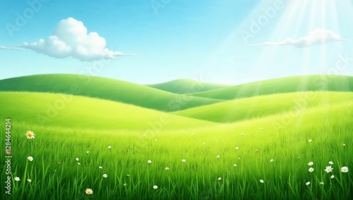 Serene green hills under blue sky.