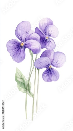 Beautiful violets in deep purple and lavender tones captured in a soft watercolor botanical illustration