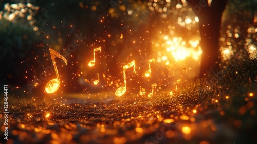 Fototapeta Naklejka Na Ścianę i Meble -  Golden music notes fall at sunset in forest