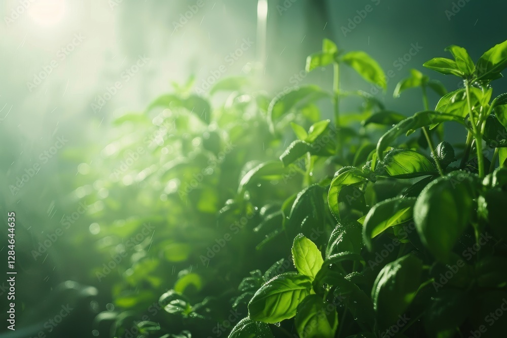 Aromatic Herb Rows Under Ambient Lighting in High-Tech Greenhouse for Optimal Growth Aromatic Herb Rows Under Ambient Lighting in High-Tech Greenhouse for Optimal Growth