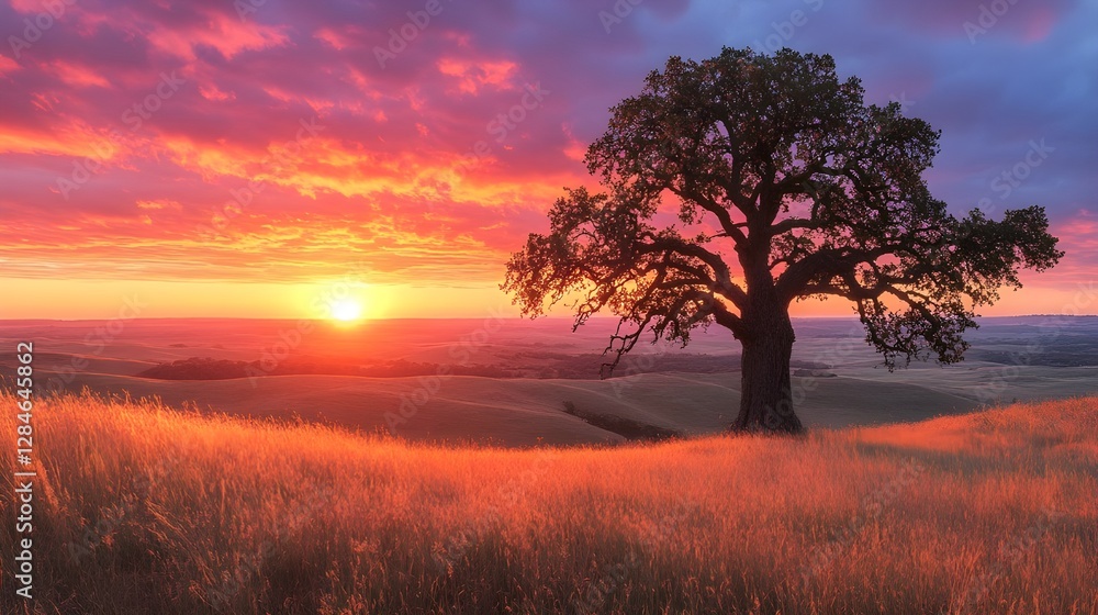 Fototapeta premium Orange sunset silhouettes trees across a misty field landscape