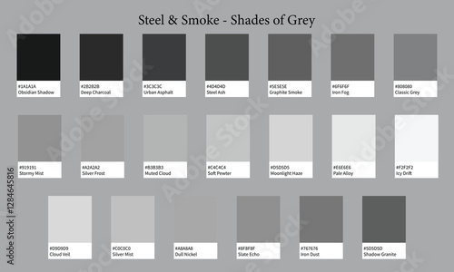 Color Palettes 20 Shades of Grey - Steel and Smoke Colors - with HEX Codes and Names, Colour Swatches and Combinations