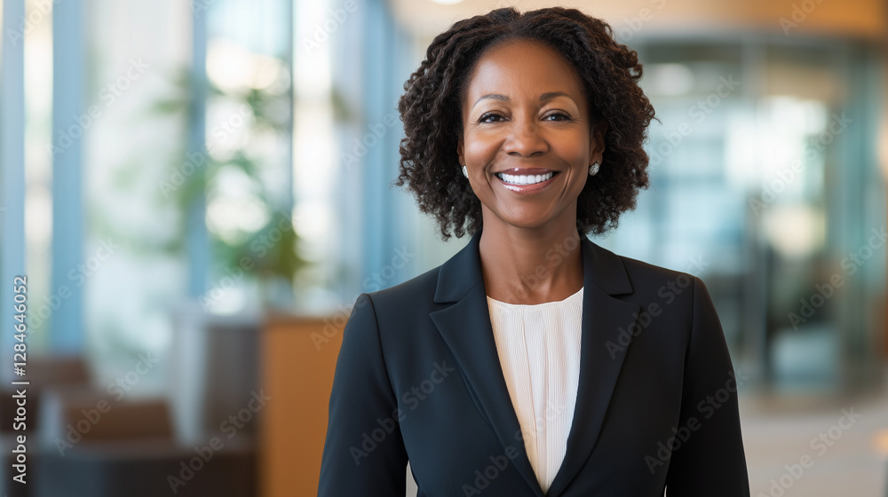 A radiant African American businesswoman standing in a modern office environment. She is smiling brightly at the camera, exuding confidence and professionalism. Her outfit is elega A radiant African American businesswoman standing in a modern office environment. She is smiling brightly at the camera, exuding confidence and professionalism. Her outfit is elega