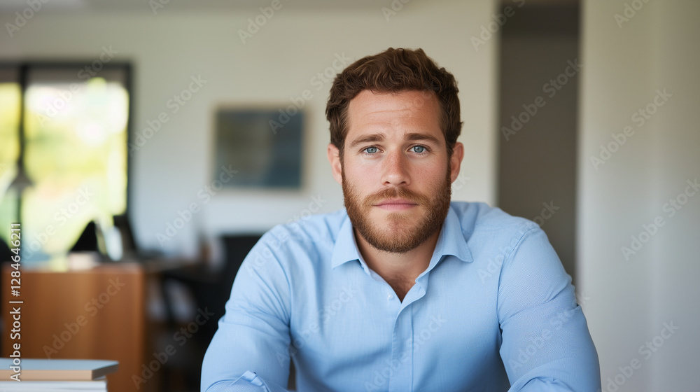 A serious and ambitious young businessman in his late 20s to early 30s, with a well-groomed beard, dressed in casual business attire. He poses for a headshot in a stylish home offi A serious and ambitious young businessman in his late 20s to early 30s, with a well-groomed beard, dressed in casual business attire. He poses for a headshot in a stylish home offi
