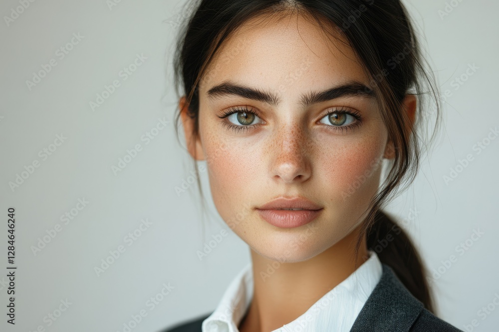 A young woman with freckles and subtle makeup, wearing a dark suit jacket and white collared shirt. A young woman with freckles and subtle makeup, wearing a dark suit jacket and white collared shirt.