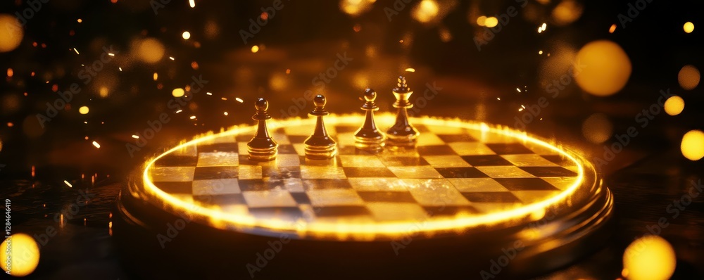Chess pieces on a glowing board with sparkling bokeh lights in a dark ambient setting Chess pieces on a glowing board with sparkling bokeh lights in a dark ambient setting