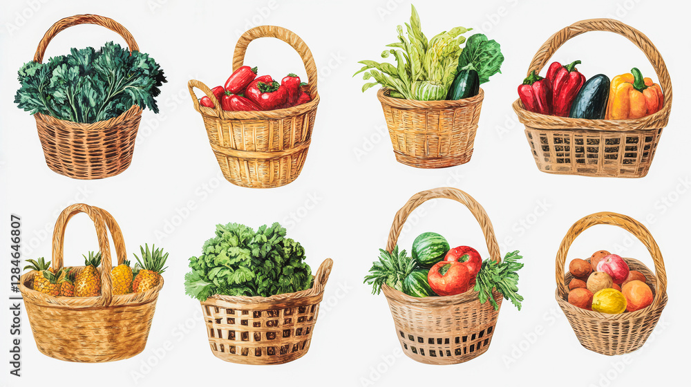 A collection of baskets filled with various fruits and vegetables A collection of baskets filled with various fruits and vegetables