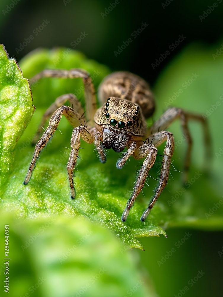 Closeup of a spider perched on vibrant green leaves highlighting nature's intricate details : Generative AI Closeup of a spider perched on vibrant green leaves highlighting nature's intricate details : Generative AI