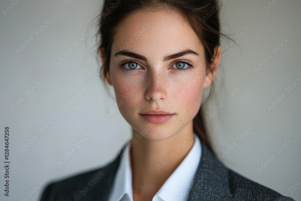 Portrait of a young woman with freckles and blue eyes, wearing a grey blazer and white shirt. Portrait of a young woman with freckles and blue eyes, wearing a grey blazer and white shirt.