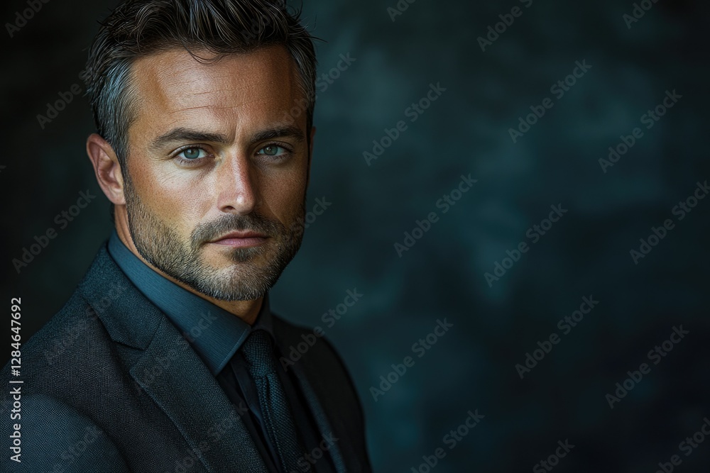 Fototapeta premium Portrait of a handsome man in a suit, serious expression, dark background.