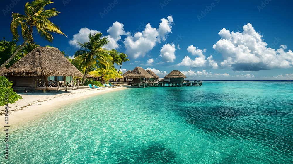 Naklejka premium A stunning tropical beach with crystal clear turquoise waters, palm trees swaying in the breeze, and thatched-roof bungalows over the water