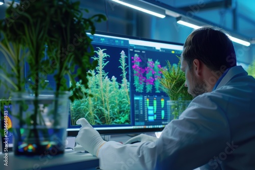 Technicians Analyzing Hydroponic Crop Growth with AI Software and Data Visualizations