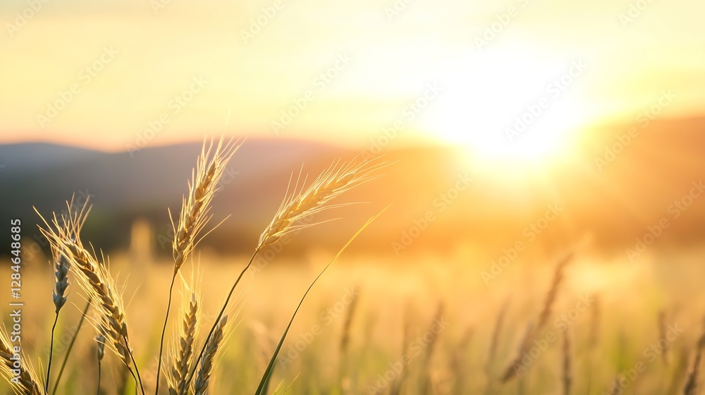 Golden sunlight illuminating wheat fields at dawn with mountains in the background : Generative AI