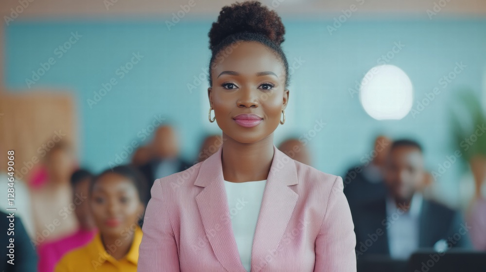 African businesswoman facilitating group conversation. African businesswoman facilitating group conversation.