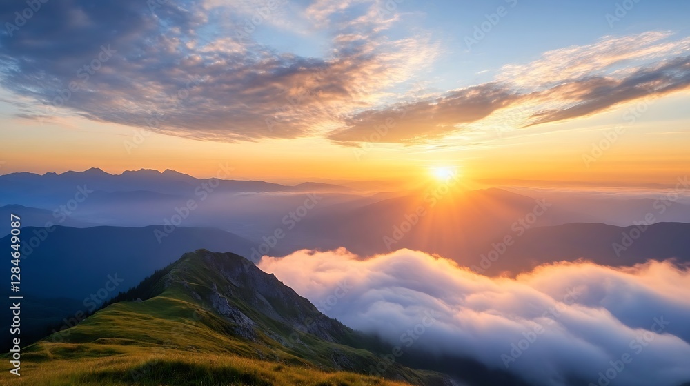 Sunset illuminating the sky over majestic mountains and rolling clouds in the valleys : Generative AI