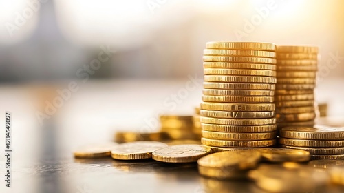 Detailed closeup of stacked golden coins with a soft background illustrating wealth and prosperity : Generative AI photo