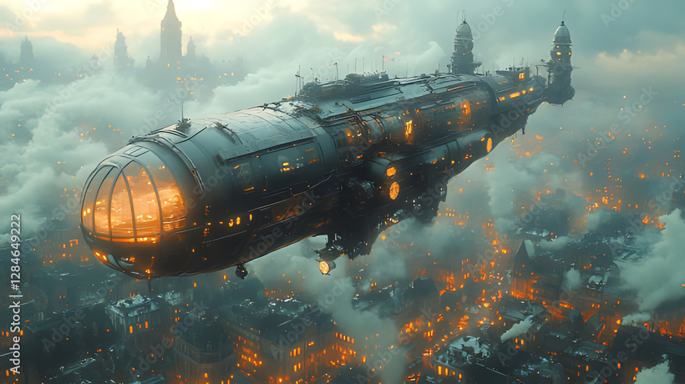 Steampunk Airship Soaring Over Foggy City at Dusk Steampunk Airship Soaring Over Foggy City at Dusk