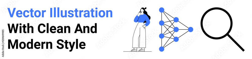 Person pondering near neural network diagram connected by nodes, accompanied by magnifying glass. Ideal for artificial intelligence, analysis, research, technology, data visualization, education Person pondering near neural network diagram connected by nodes, accompanied by magnifying glass. Ideal for artificial intelligence, analysis, research, technology, data visualization, education