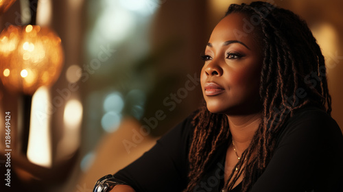 Black Woman in Her 40s Thinking Deeply with Subtle Smile Sitting at Desk with Soft Lighting and Abstract Background