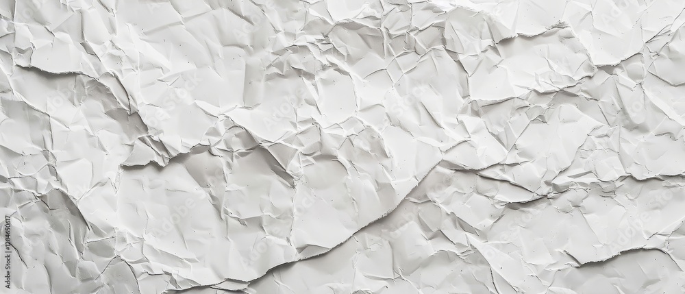 Crumpled white paper reveals a captivating texture that invites creativity and artistic endeavor, showcasing intricate folds and shadows