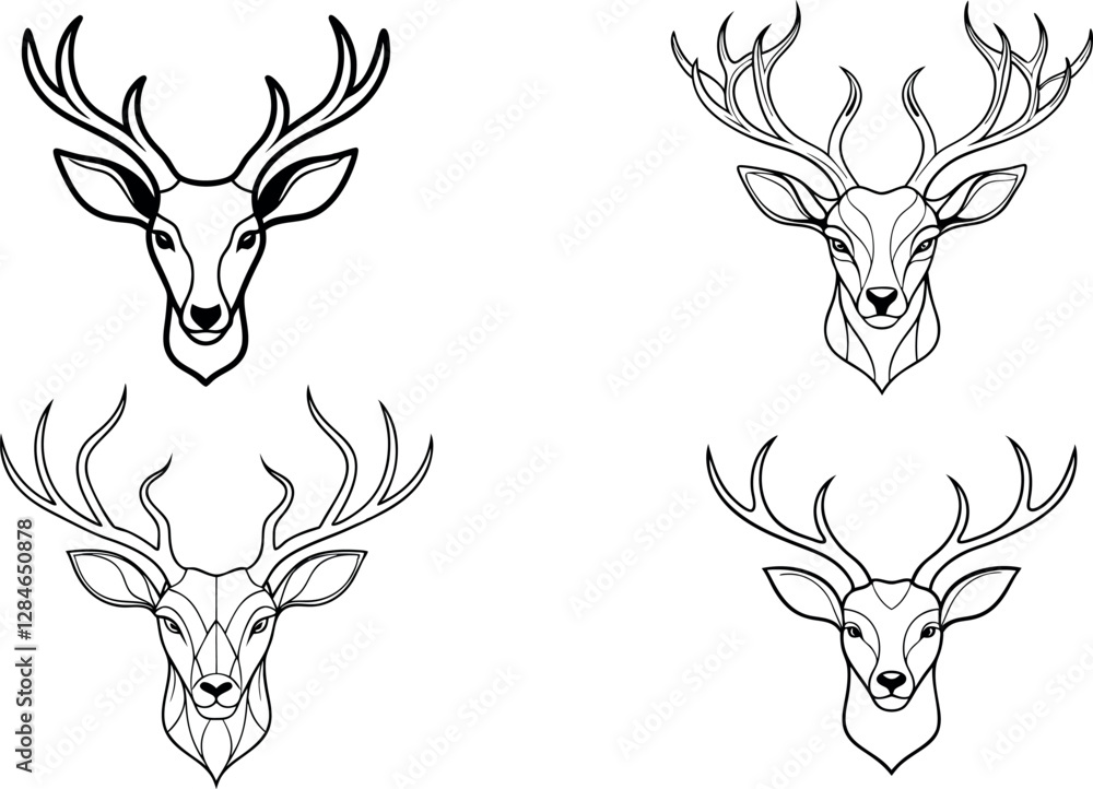 Obraz premium Set of Deer Head Vector Art, Simple Line Illustration