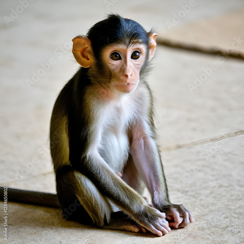 young monkey sitting on the floor at thailand photo