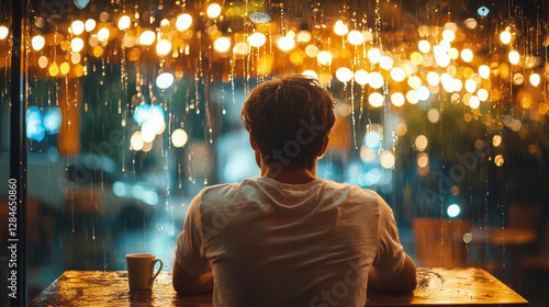 Solitary man contemplates life in a dimly lit cafe while rain falls outside, surrounded by warm ambient lighting and a melancholic atmosphere