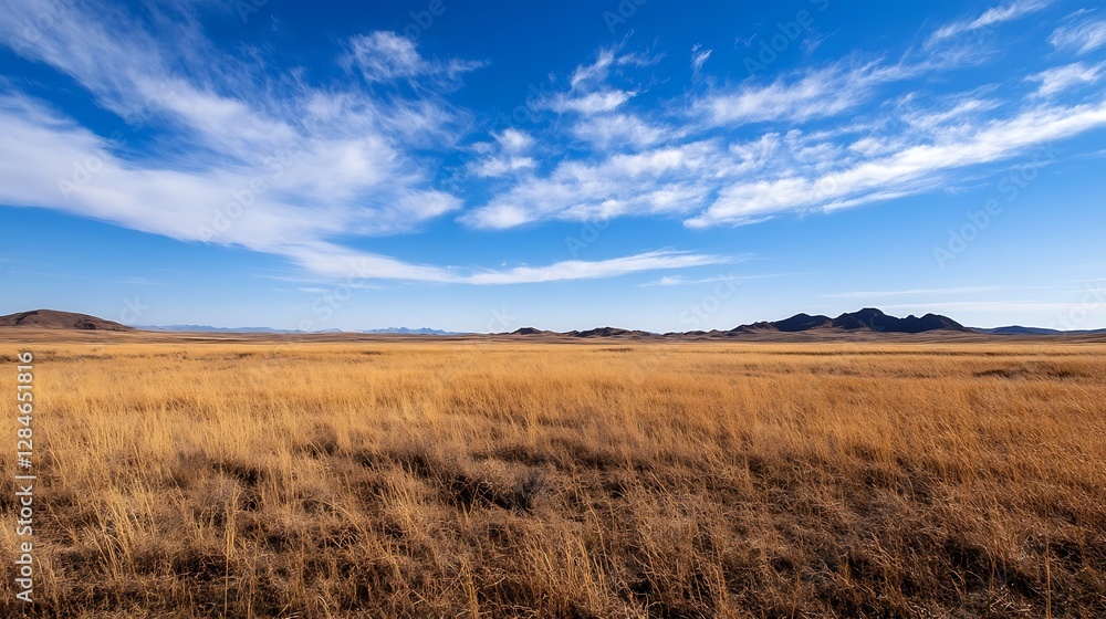 Expansive golden grass field under a bright blue sky with soft clouds stretching to distant mountains : Generative AI Expansive golden grass field under a bright blue sky with soft clouds stretching to distant mountains : Generative AI