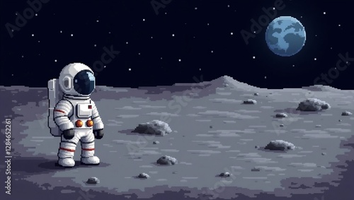 Pixel Art Astronaut on the Moon with Earth in the Background. Generative AI photo