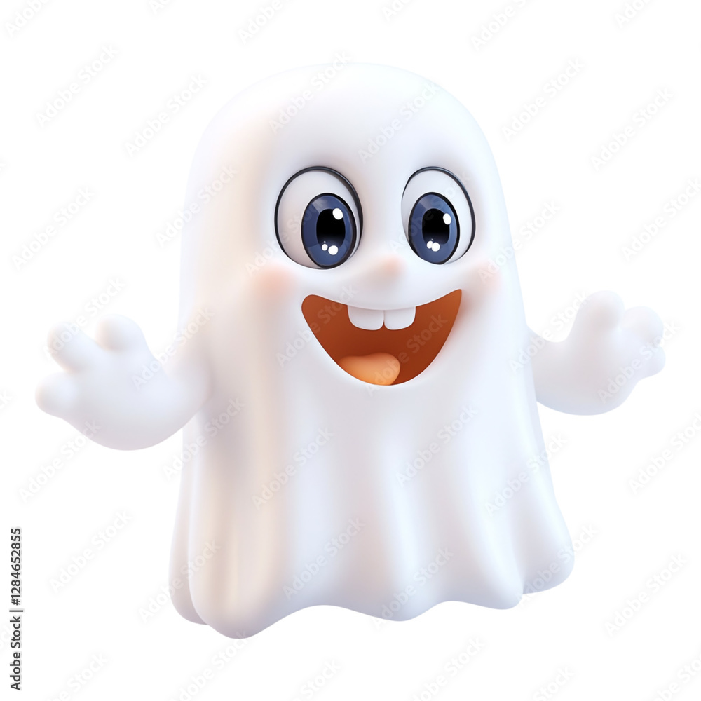 Cheerful 3D Cartoon Ghost with a Beaming Smile and Whimsical Design, Floating Playfully Against a Transparent Background, Perfect for Halloween-Themed Illustrations and Designs. Cheerful 3D Cartoon Ghost with a Beaming Smile and Whimsical Design, Floating Playfully Against a Transparent Background, Perfect for Halloween-Themed Illustrations and Designs.