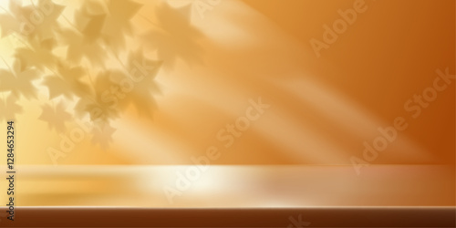 Orange autumn studio scene sunlight background, light shining on wall and floor of stage room, shadows of maple leaves, dry season mood, 3D natural style product display stand.