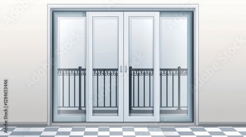White sliding patio doors on a checkered floor
