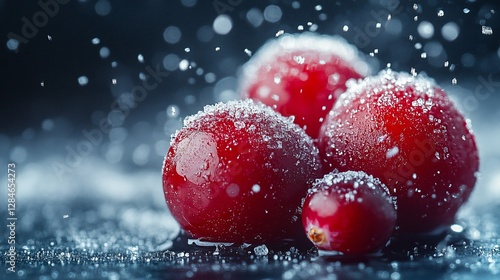 Frozen cranberries, water splashes, dark background, food photography photo