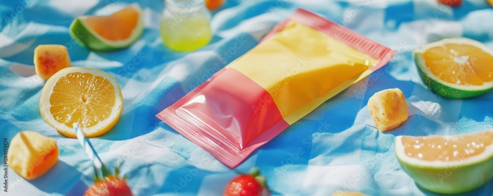 Colorful packaging with fresh citrus and strawberries on checkered blanket Colorful packaging with fresh citrus and strawberries on checkered blanket