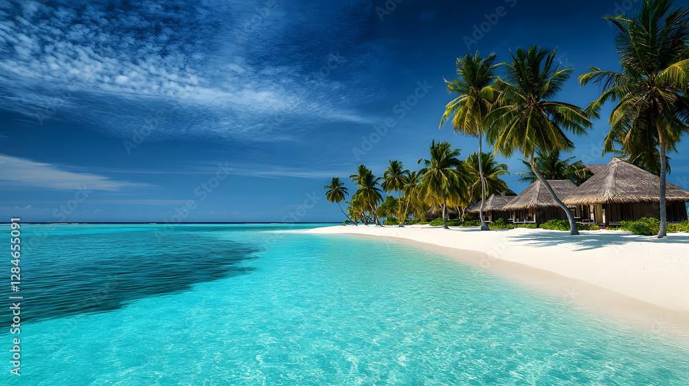 custom made wallpaper toronto digitalA stunning tropical beach with crystal clear turquoise waters, palm trees swaying in the breeze, and thatched-roof bungalows over the water
