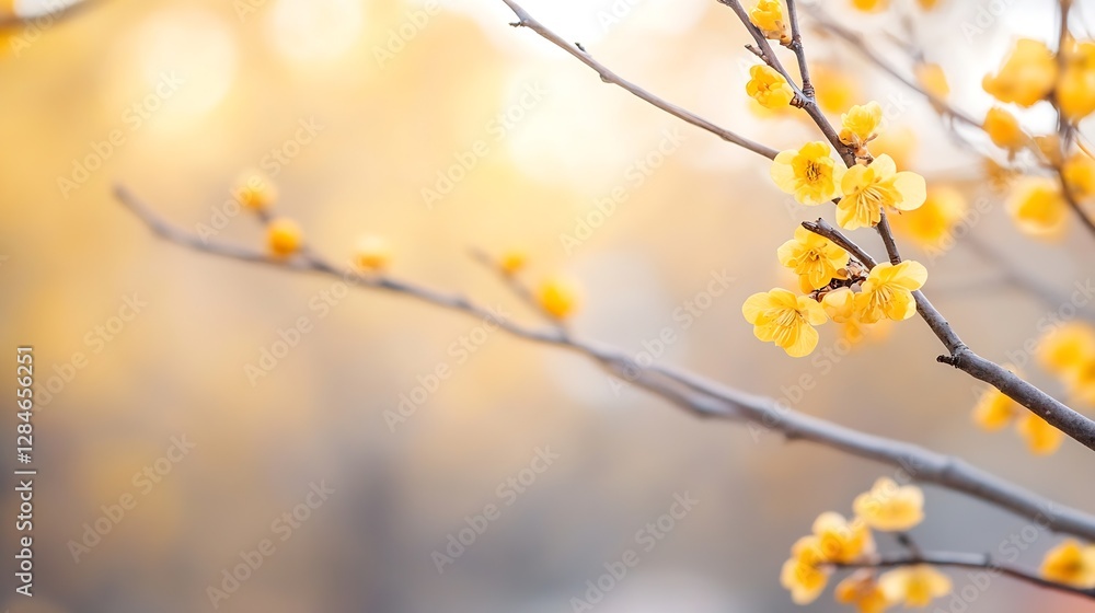 Closeup of bright yellow flowers blooming on a branch during golden hour : Generative AI Closeup of bright yellow flowers blooming on a branch during golden hour : Generative AI