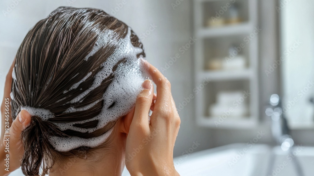 Naklejka premium A woman with thinning hair using a hair regrowth serum in a calming bathroom. Featuring healing and self-care