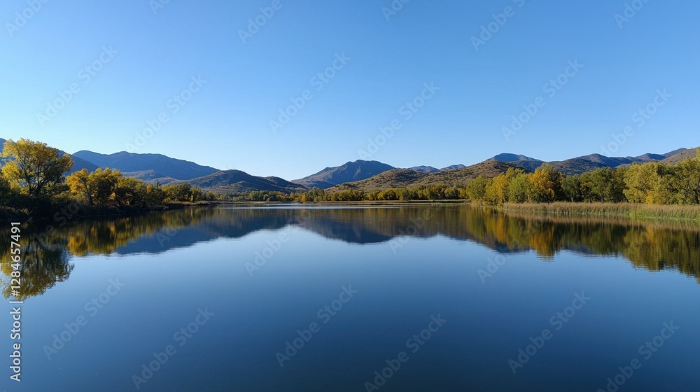 A calm lake with mountains in the background A calm lake with mountains in the background